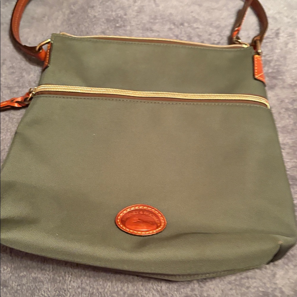 Dooney & Bourke Classic Green Canvas Shoulder bag with brown leather trim.